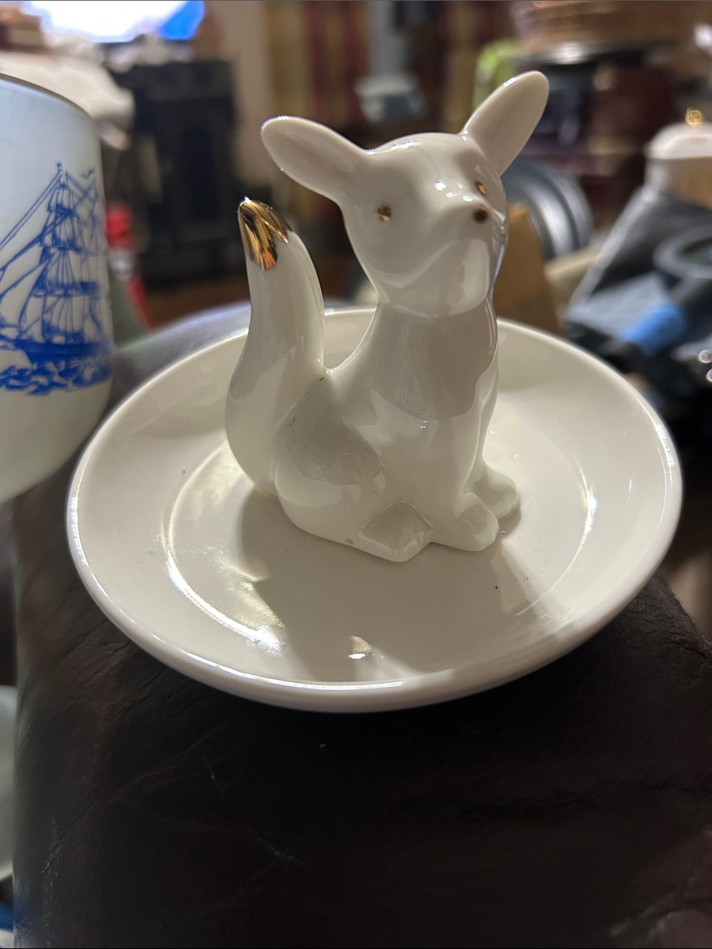 CBK White Porcelain Fox Ring Dish with Gold Accents